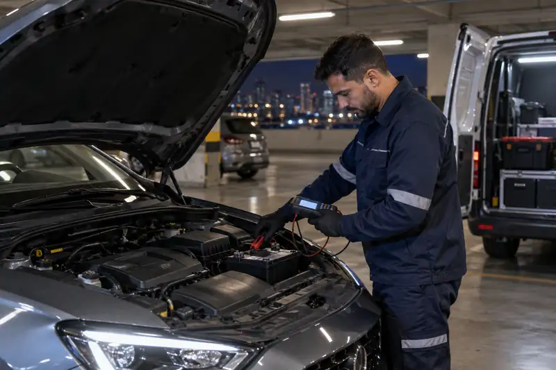 Teste de bateria automotiva durante atendimento noturno