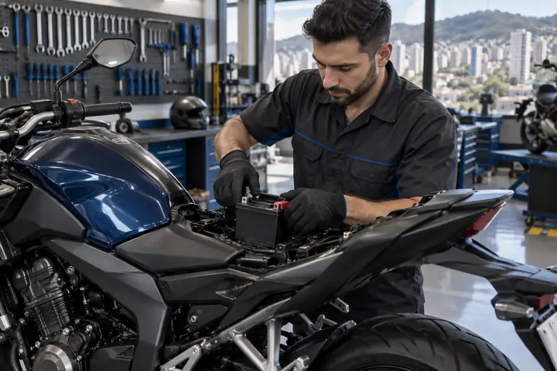 Instalação de bateria para moto em oficina especializada