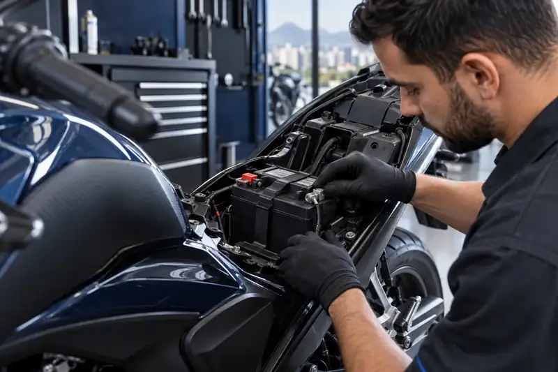Técnico verificando terminais de bateria de motocicleta