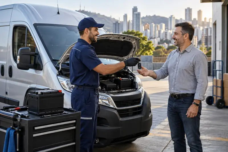 Van pronta para entregas após troca de bateria automotiva