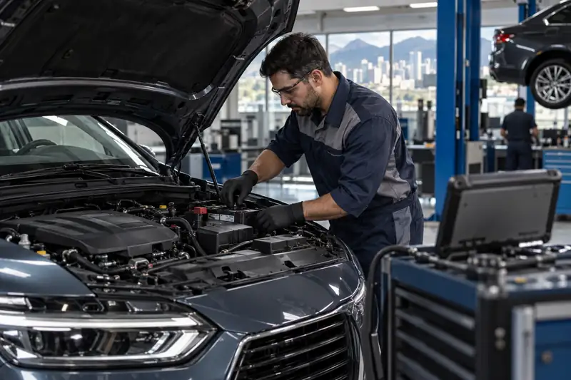 Técnico verificando sistema de gerenciamento de bateria Start-Stop