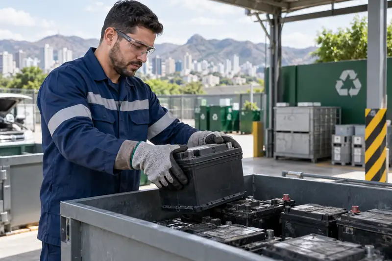 Descarte responsável de bateria automotiva em ponto de coleta