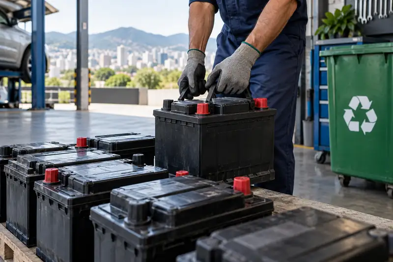 Baterias automotivas usadas armazenadas com terminais protegidos