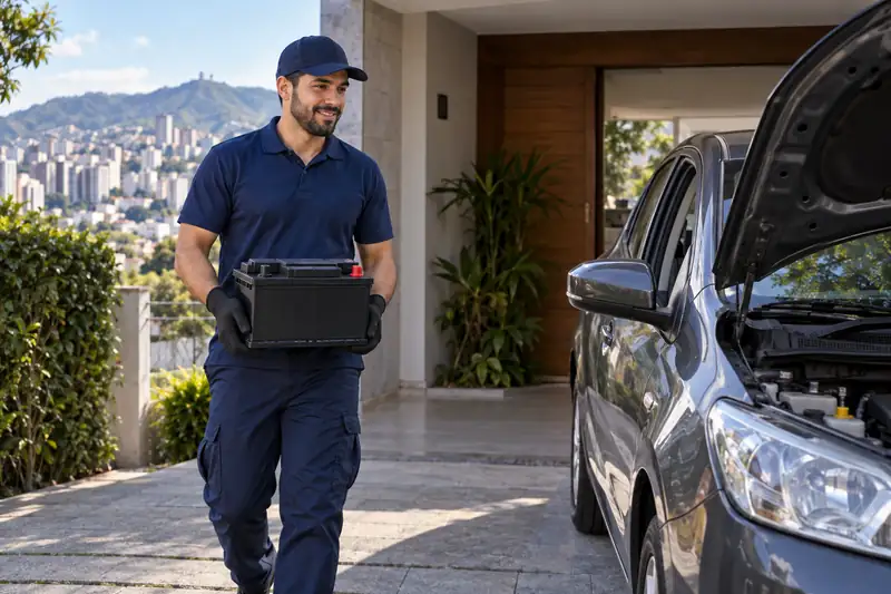 Técnico fazendo entrega de bateria automotiva em domicílio em Belo Horizonte