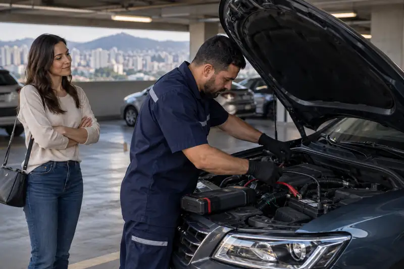 Técnico conectando auxiliar de partida à bateria do carro