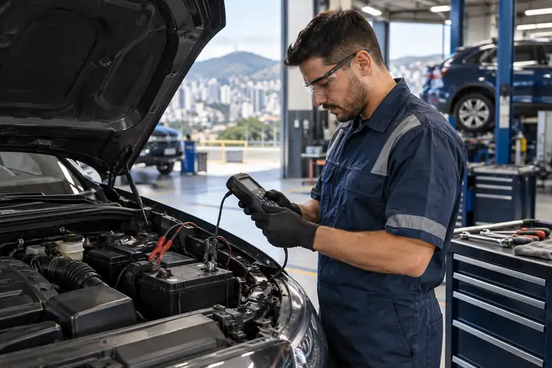 Teste de bateria automotiva após recarga profissional