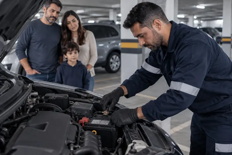 Técnico avaliando bateria automotiva descarregada em estacionamento