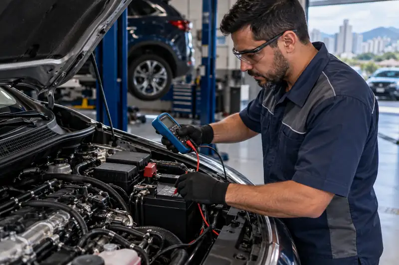 Teste de alternador automotivo com multímetro no motor do carro