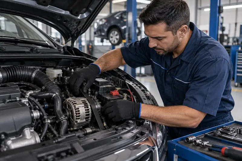 Técnico verificando correia e conexões do alternador automotivo