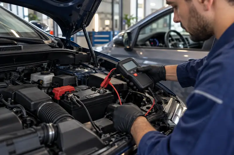Medição de tensão da bateria de carro com equipamento técnico