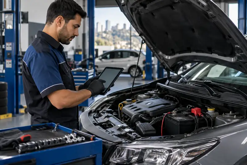 Técnico avaliando o resultado do teste da bateria automotiva