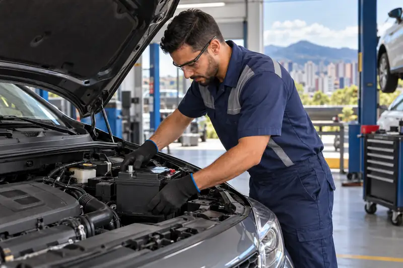 Técnico realizando troca de bateria automotiva em carro em Belo Horizonte