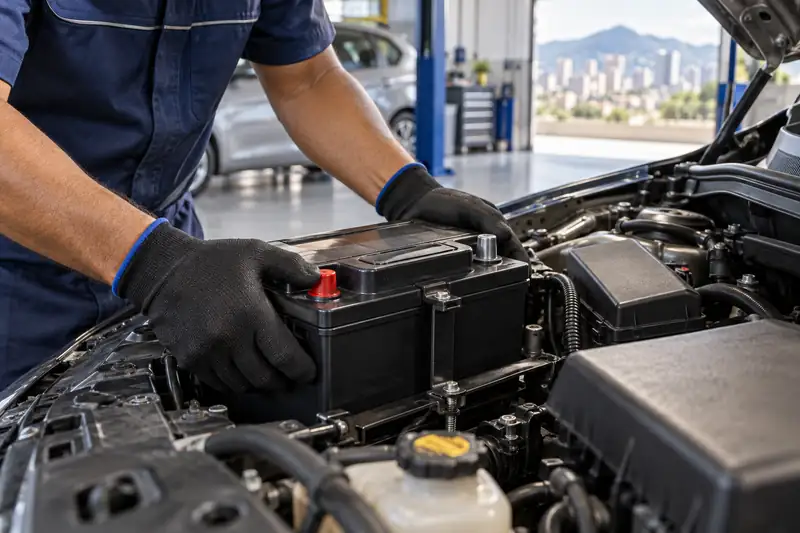 Instalação de bateria automotiva nova no motor do carro